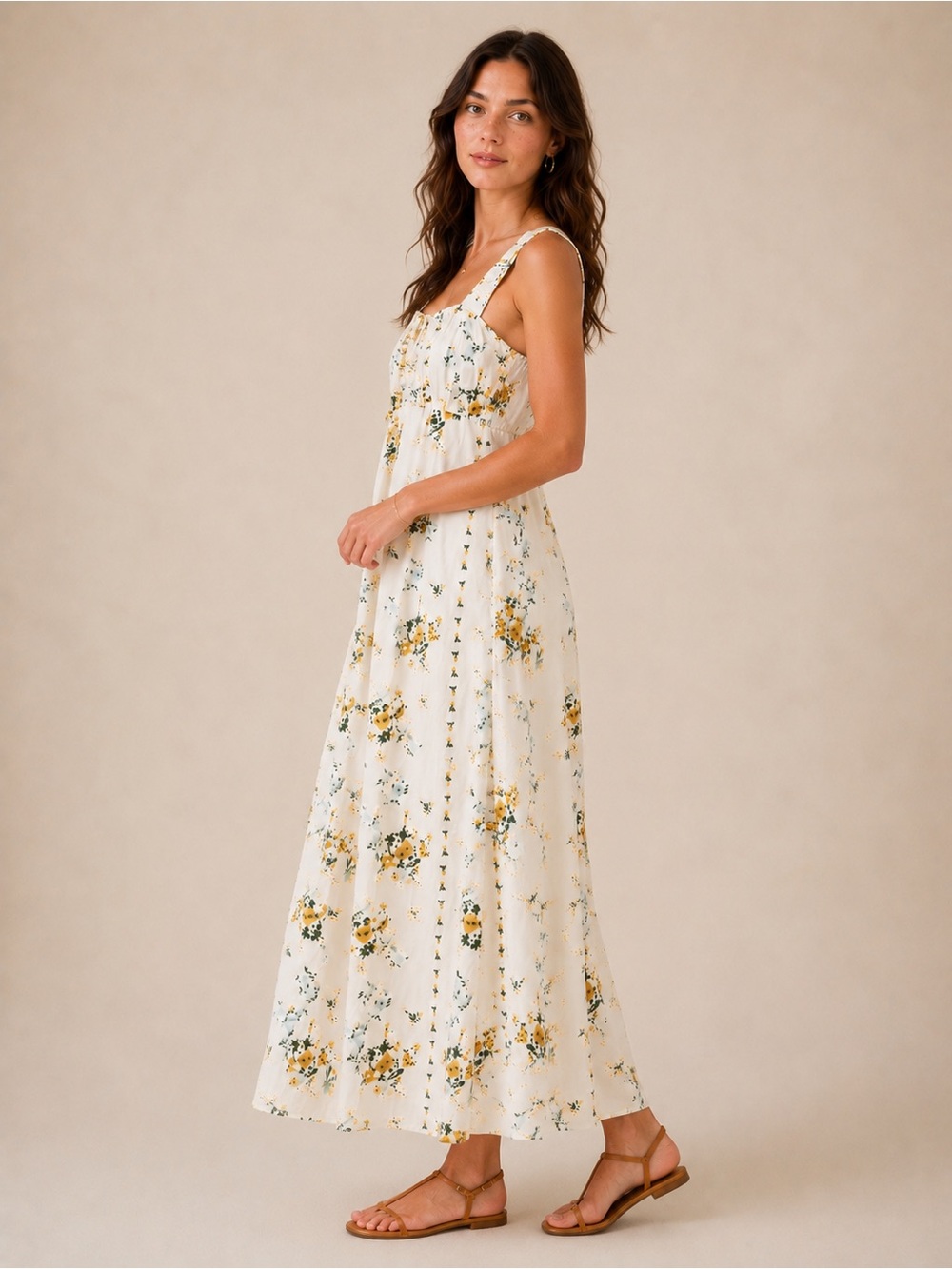 Caroline Constas Floral Boho Maxi Dress Ivory Yellow Cottagecore Smocked Bodice - Picture 4 of 15